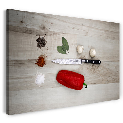 Leinwandbild Wandbild Küchendeko Küchenmesser Paprika Gewürze Pilze