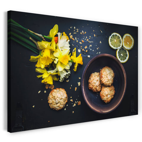 Leinwandbild Wandbild Küchendeko Kekse Mandelsplitter gelbe Blüten Zitronenscheiben