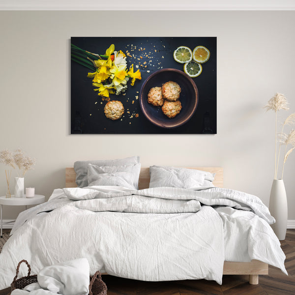 Leinwandbild Wandbild Küchendeko Kekse Mandelsplitter gelbe Blüten Zitronenscheiben