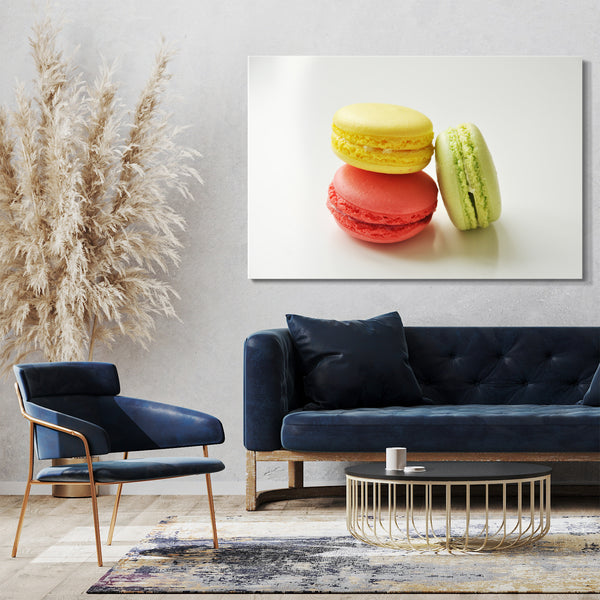 Leinwandbild Wandbild Küchendeko Macaron gelb rosa hell-grün weißer Hintergrund