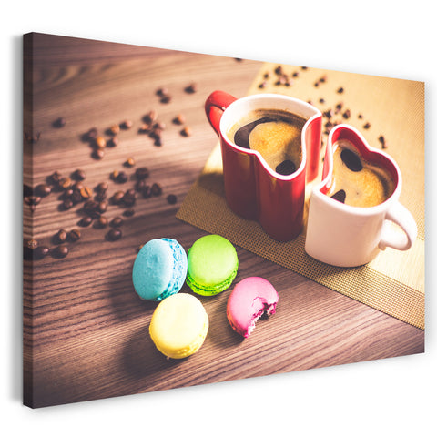 Leinwandbild Wandbild bunte Macarons, Kaffee-Tassen Herzform, Kaffee-Bohnen