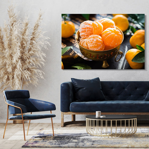 Leinwandbild Wanbild Essensbilder Mandarinen in Messing-Schale