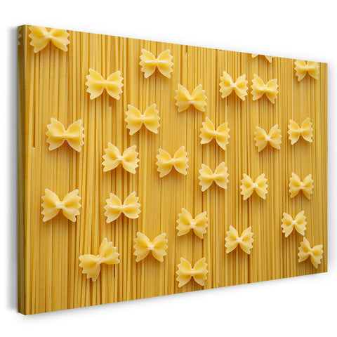 Leinwandbild Wandbild Küchendeko Nudeln Pasta Art Farfalle auf Spaghetti