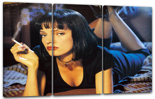 Leinwandbild Filmplakat Filmmotiv Pulp Fiction Uma Thurman auf Bett mit Zigarette