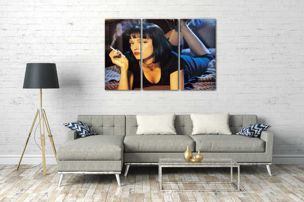 Leinwandbild Filmplakat Filmmotiv Pulp Fiction Uma Thurman auf Bett mit Zigarette