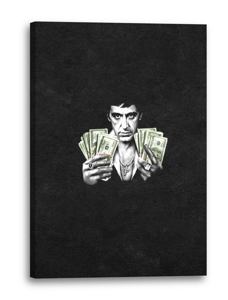 Leinwandbild Filmplakat Filmmotiv Scarface Tony Montana mit Geld-Bündel in Händen