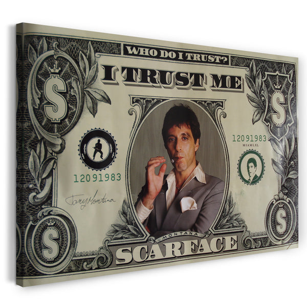 Leinwandbild Filmplakat Filmmotiv Scarface Tony Montana auf Dollar-Note