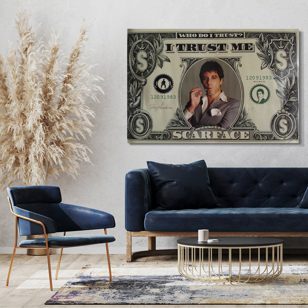 Leinwandbild Filmplakat Filmmotiv Scarface Tony Montana auf Dollar-Note