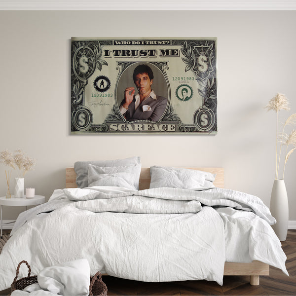 Leinwandbild Filmplakat Filmmotiv Scarface Tony Montana auf Dollar-Note