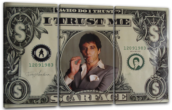 Leinwandbild Filmplakat Filmmotiv Scarface Tony Montana auf Dollar-Note