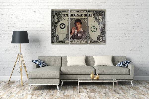 Leinwandbild Filmplakat Filmmotiv Scarface Tony Montana auf Dollar-Note