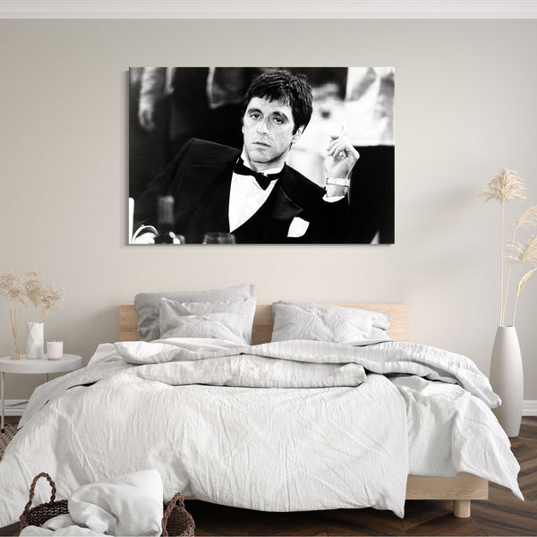 Leinwandbild Filmplakat Filmmotiv Scarface Tony Montana am Tisch sitzend Restaurant
