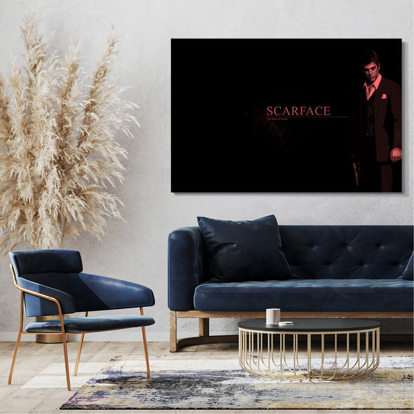Leinwandbild Filmplakat Scarface Tony Montana dunkler Hintergrund rote Schrift