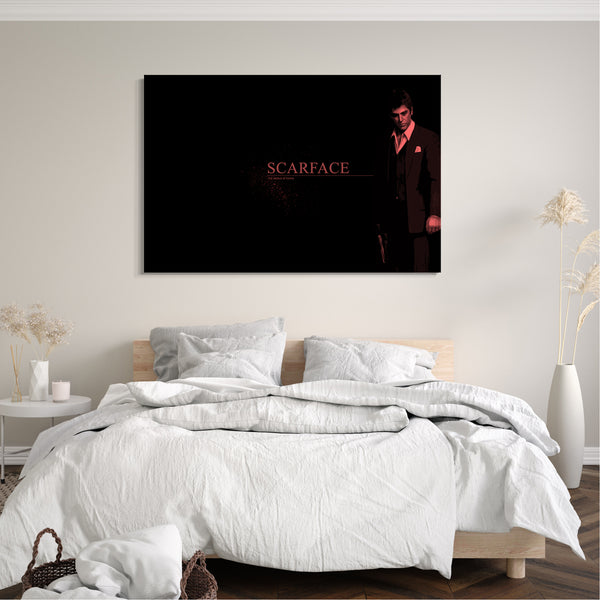 Leinwandbild Filmplakat Scarface Tony Montana dunkler Hintergrund rote Schrift