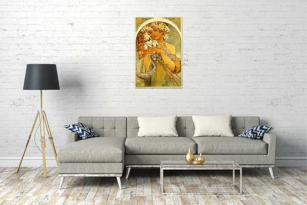 Leinwandbild Alfons Mucha - Frau mit Blumen auf Kopf