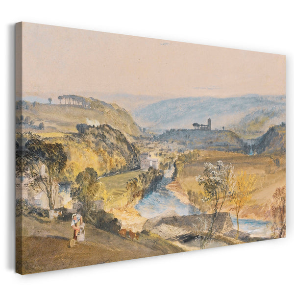 Leinwandbild Landschafts-Malerei Fluss fließt durch Tal dahinter Berge