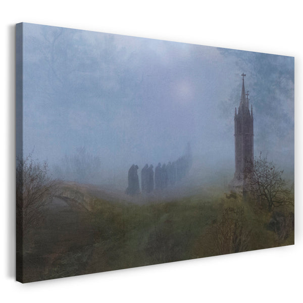 Leinwandbild Ernst Ferdinand Oehme - Prozession im Nebel düster