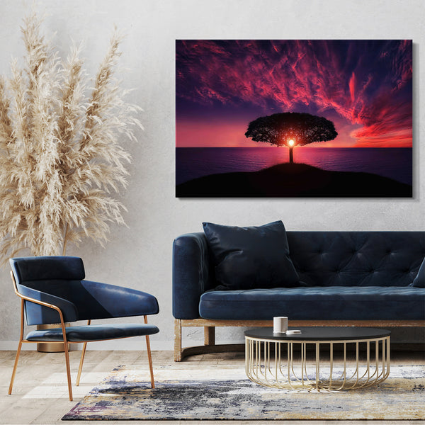 Leinwandbild Landschaftsbilder Baum im Meer vor wunderschönem Farbspiel am Himmel