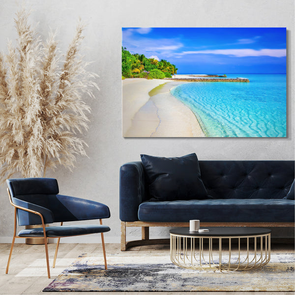 Leinwandbild Landschaftsbilder Traum-Strand Sand schimmernd-blaues Wasser Bäume