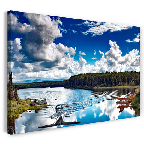 Leinwandbild Wasserflugzeuge auf himmelblauen See Spiegeleffekt