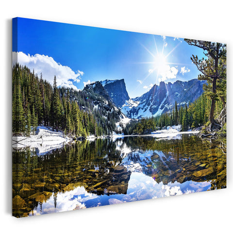 Leinwandbild Berg- und Waldlandschaft gespiegelt in glasklarem Wasser