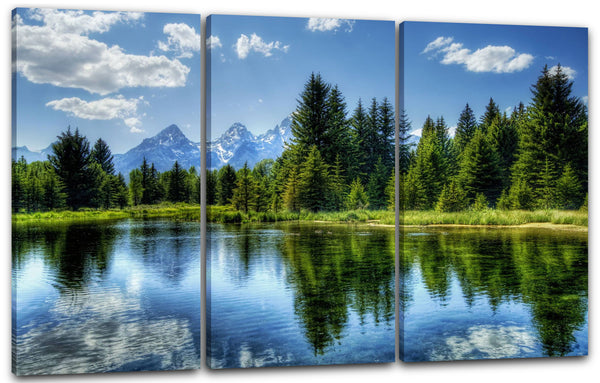 Leinwandbild Landschaftsbilder grüner Wald, dahinter Berge, Spiegelung im Wasser