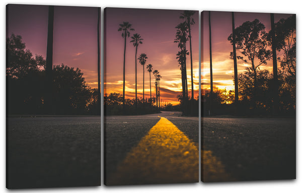 Leinwandbild Landschaftsbilder Straße bei Sonnenuntergang, Palmen links recht