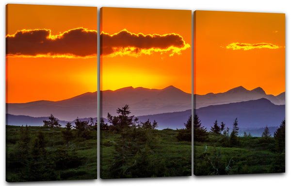 Leinwandbild grüner Wald vor blauen Bergen und rot gelber Sonnenuntergang