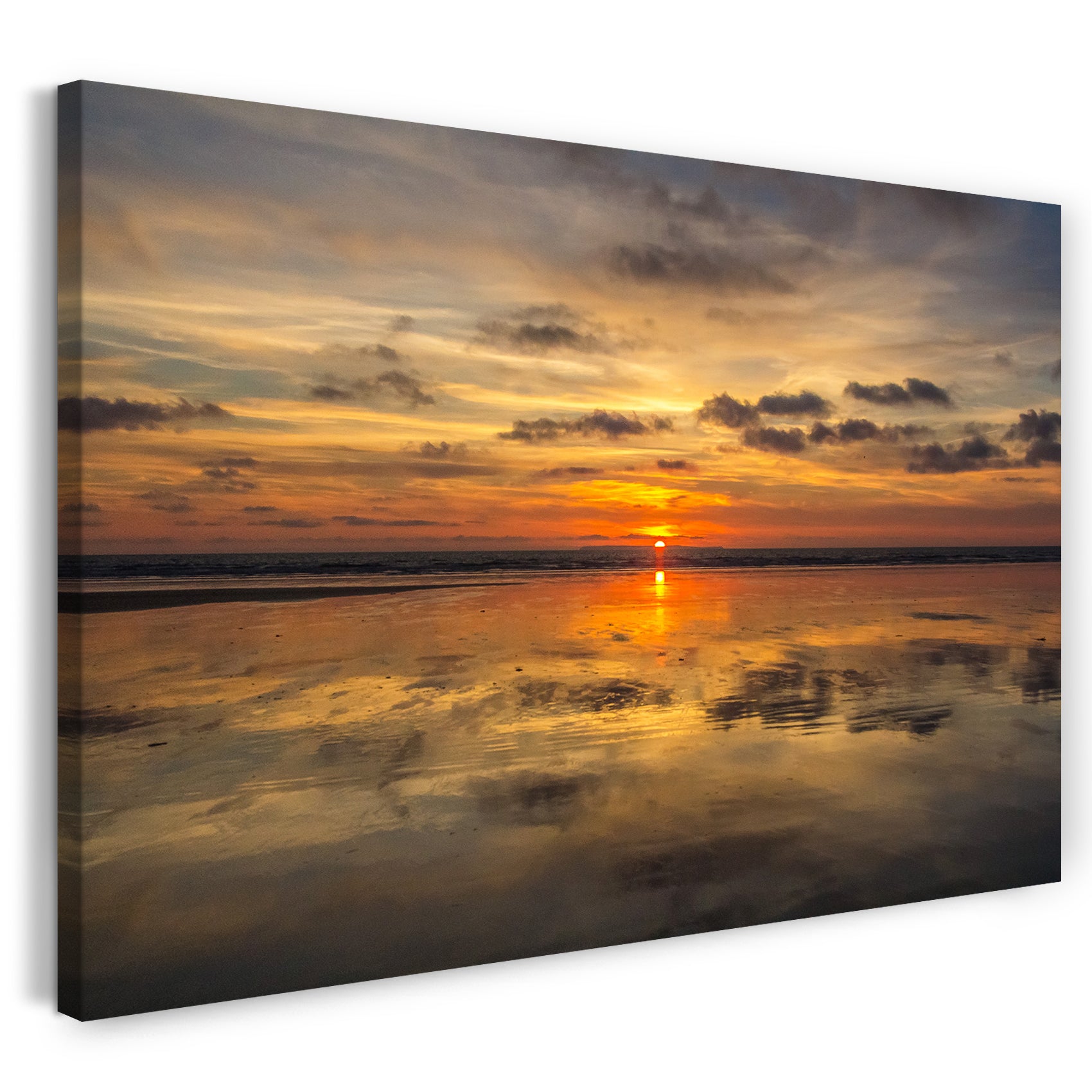 Leinwandbild Sonnenuntergang rot-gelb schimmernder Himmel Meeres-HorizontMeer Strand
