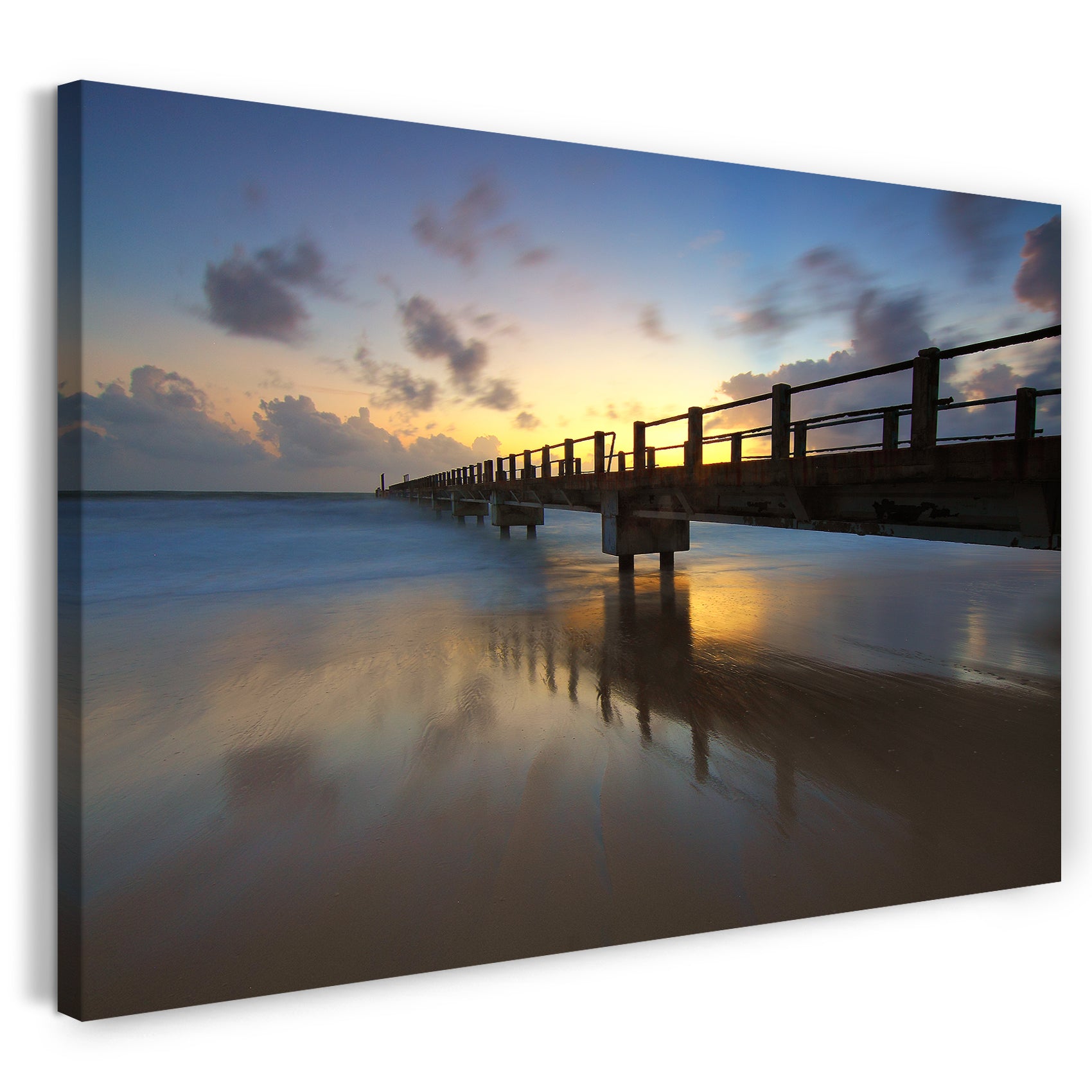 Leinwandbild Stahl-Wasser-Steg im Meer, Sonnenuntergang mit Spiegelung im Wasser