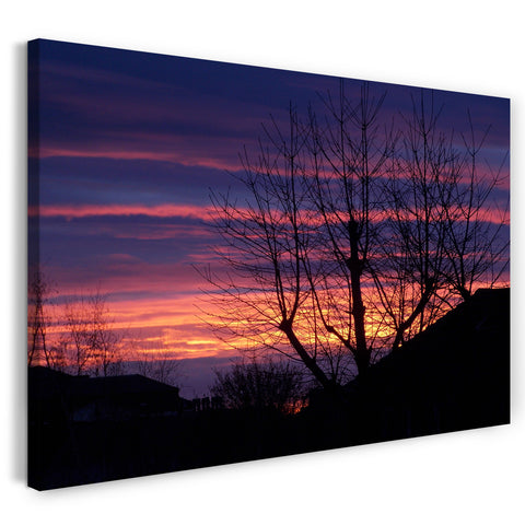 Leinwandbild Bäume, Äste am Hügel vor Sonnenuntergang mit lila- rot-gelbem Horizont