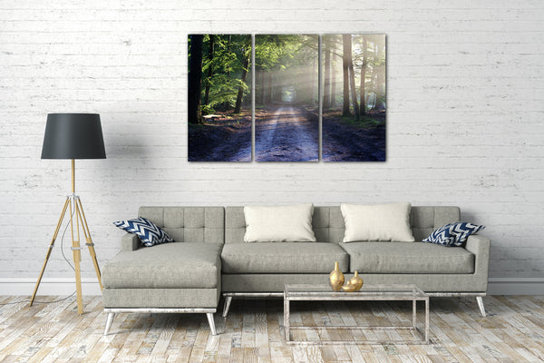 Leinwandbild Weg Straße durch Wald, umgeben von Bäumen, Lichtstrahlen, Wandbild