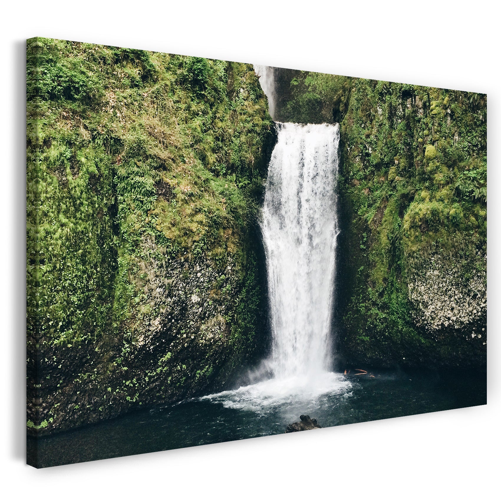 Leinwandbild Naturbilder Paintings Wasserfall, bewachsene Printed Felsen – unten See, grün