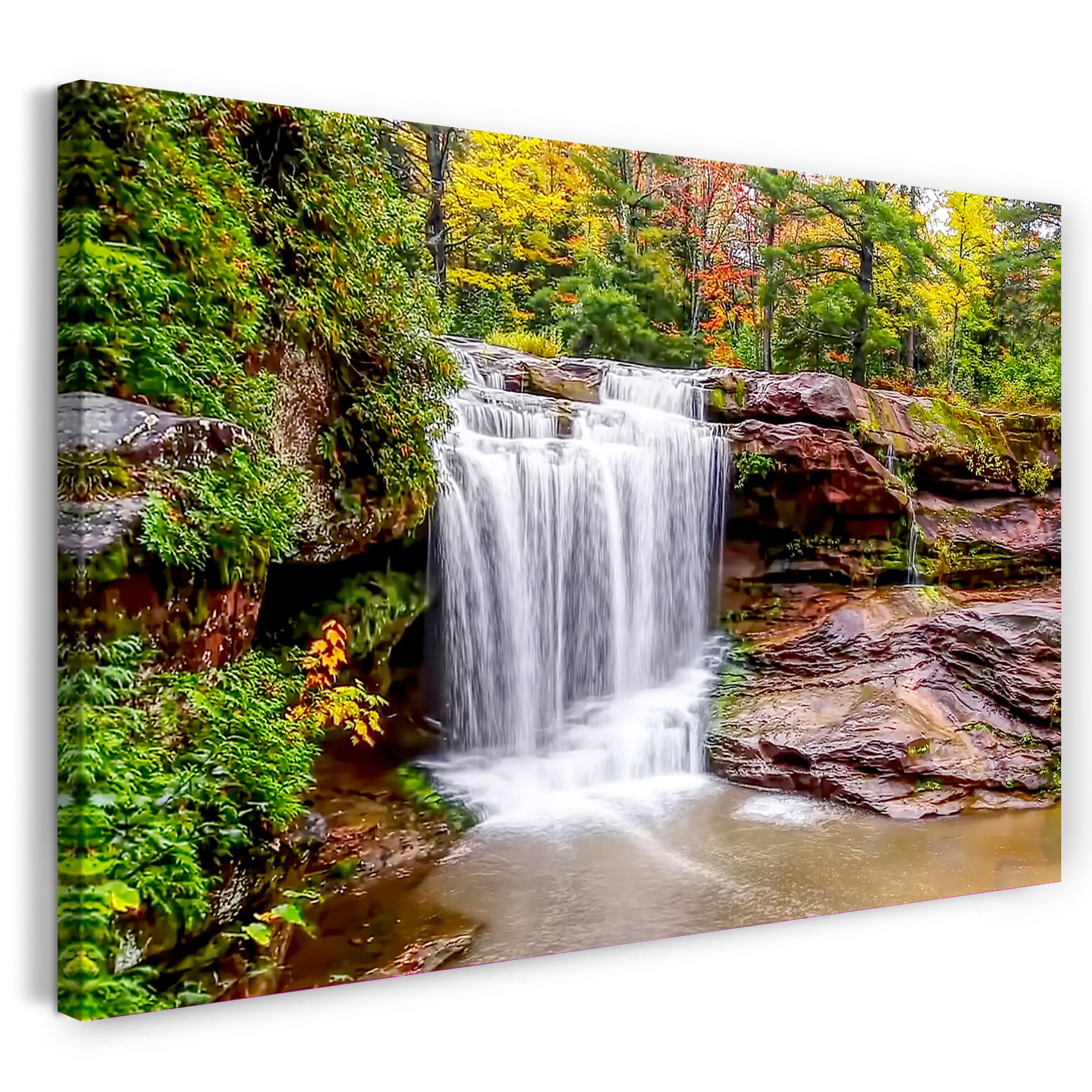 Leinwandbild Kleiner Wasserfall vor bunter Herbst-Kulisse, Zimmer-Bild, Wandbild,