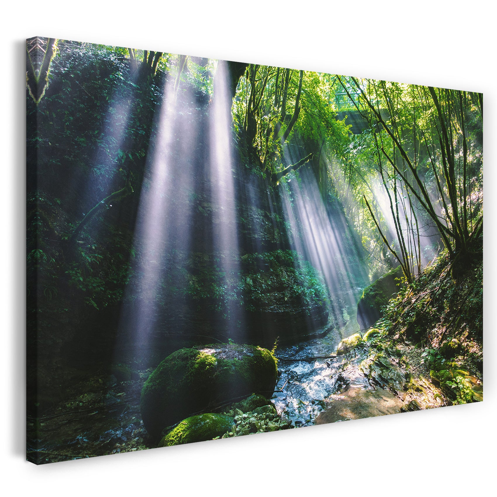 Leinwandbild Wasserfall Natur-Bilder Fluss Wald forest Sonnenstrahlen Sun Sonne