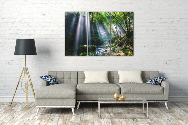 Leinwandbild Wasserfall Natur-Bilder Fluss Wald forest Sonnenstrahlen Sun Sonne