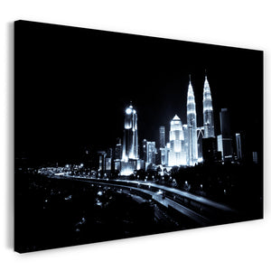 Leinwandbild Fantasy-City at night modern art black white Stadtebilder Skyline Nacht