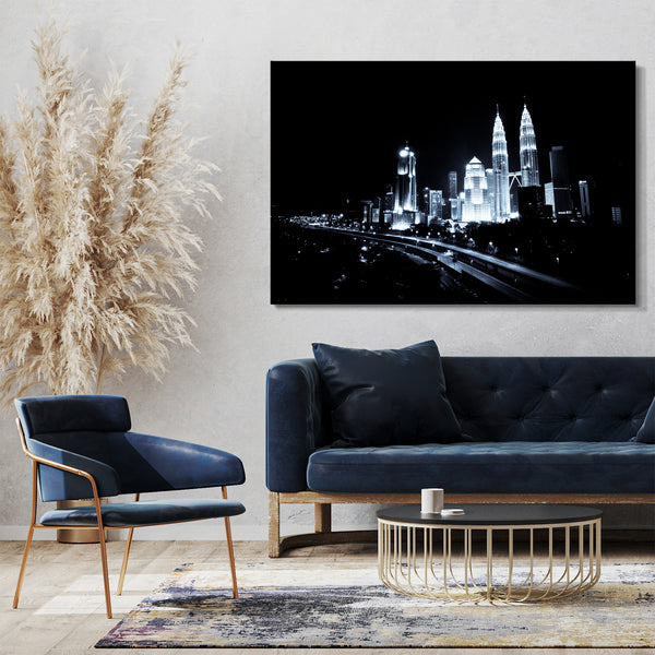 Leinwandbild Fantasy-City at night modern art black white Stadtebilder Skyline Nacht