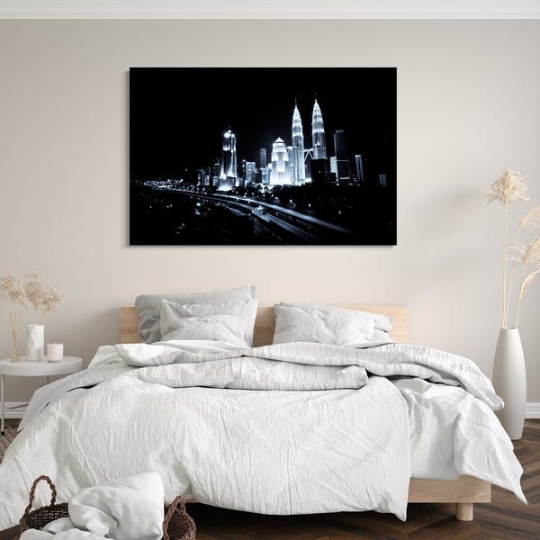 Leinwandbild Fantasy-City at night modern art black white Stadtebilder Skyline Nacht