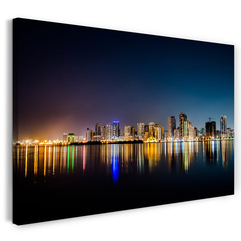 Leinwandbild Big City at night Sea Meer Beach lights Stadtebilder Skyline Nacht