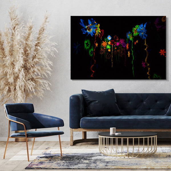 Leinwandbild bunte Blumen abstrakt Lichtspiel in der Nacht Neon-Licht Kunst-Licht