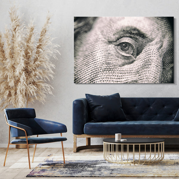 Leinwandbild Mann auf Dollar-Note Geld-Schein Money Cash Rich, Wand-Bild Deko