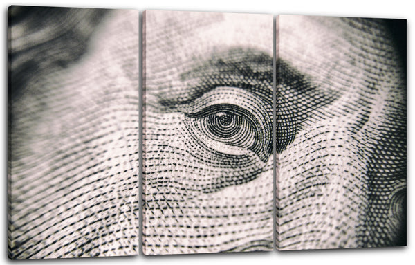 Leinwandbild Mann auf Dollar-Note Geld-Schein Money Cash Rich, Wand-Bild Deko