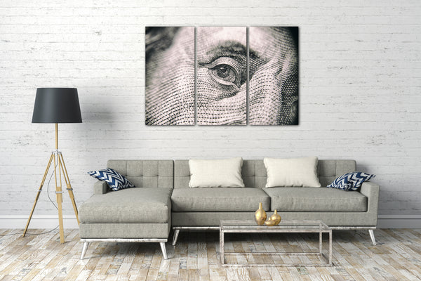 Leinwandbild Mann auf Dollar-Note Geld-Schein Money Cash Rich, Wand-Bild Deko