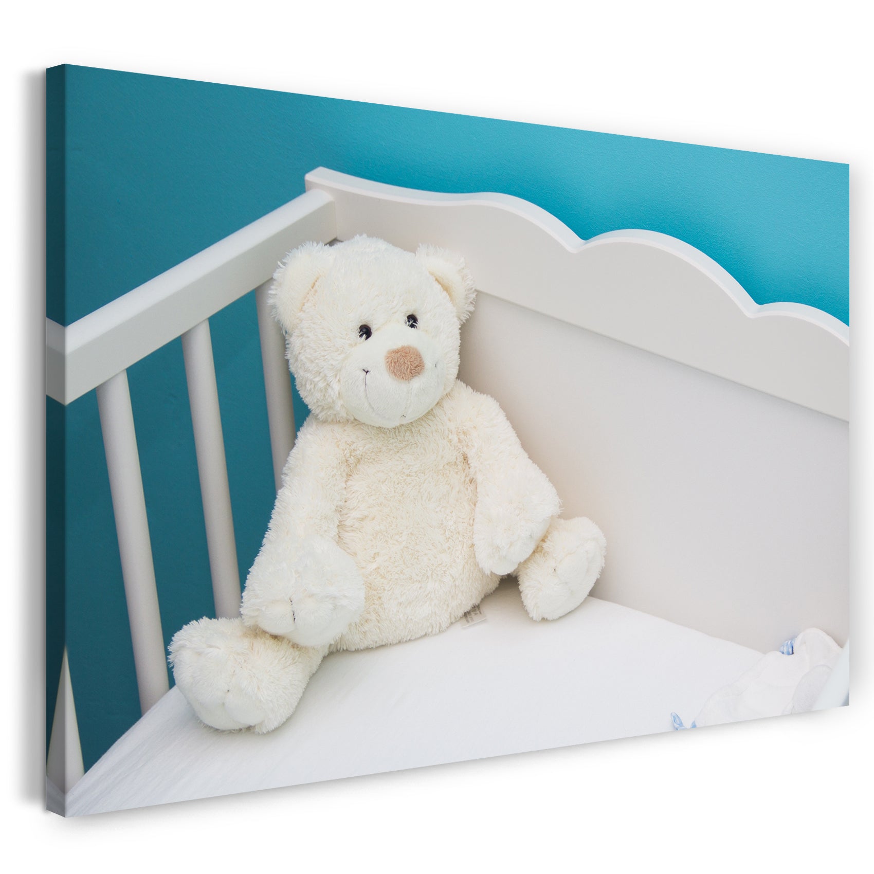 Leinwandbild süßer weißer Teddybär allein im Kinder-Bett Deko Kinder-Zimmer