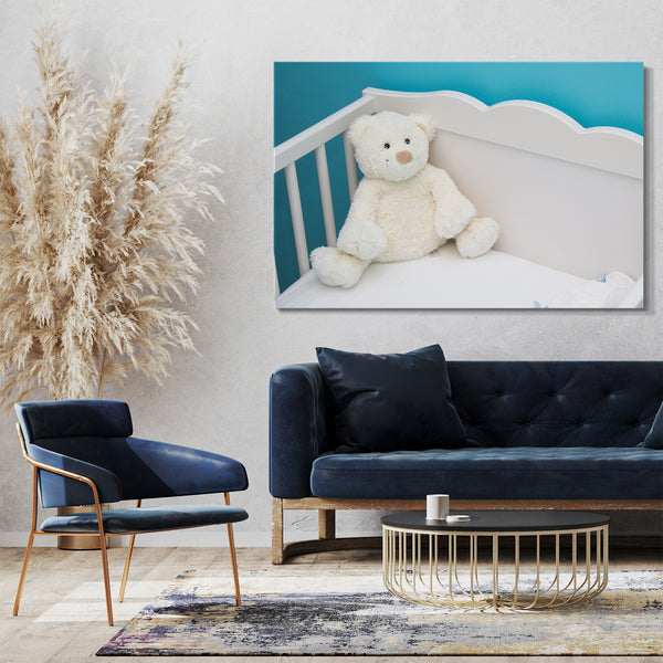 Leinwandbild süßer weißer Teddybär allein im Kinder-Bett Deko Kinder-Zimmer