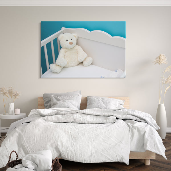 Leinwandbild süßer weißer Teddybär allein im Kinder-Bett Deko Kinder-Zimmer