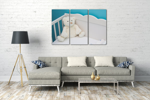 Leinwandbild süßer weißer Teddybär allein im Kinder-Bett Deko Kinder-Zimmer