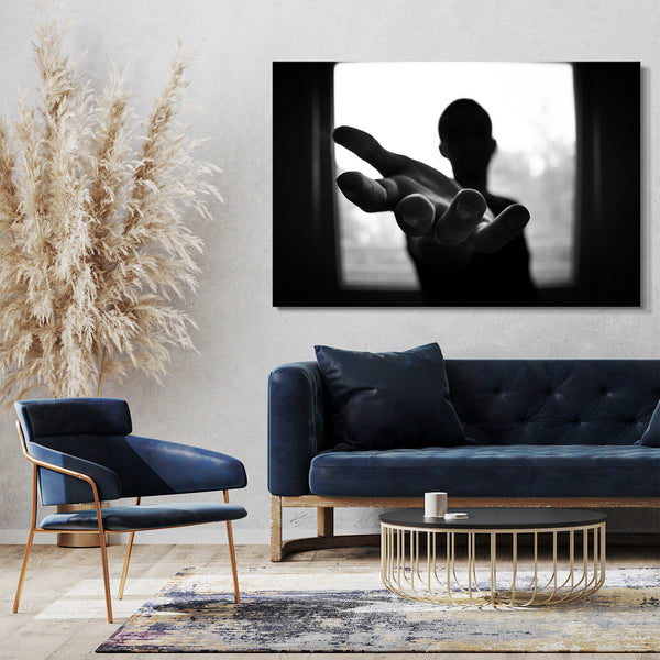 Leinwandbild mystische Frau streckt Hand entgegen schwarz-weiß Foto Kunst Deko