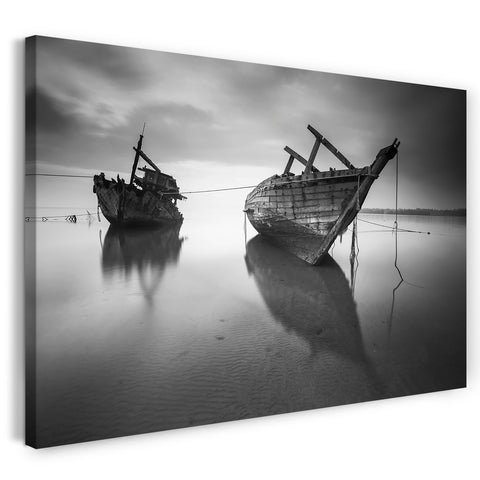 Leinwandbild zwei Boote verlassen im See schwarz-weiß Foto einsam Kunst Deko